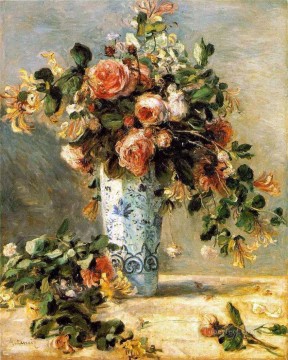 ピエール=オーギュスト・ルノワール Painting - デルフトの花瓶に入ったバラとジャスミンの花 ピエール・オーギュスト・ルノワール